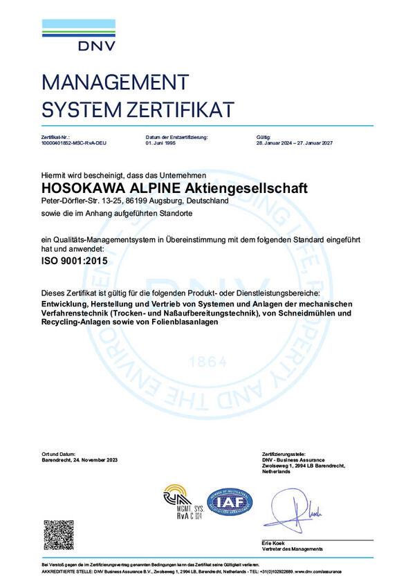 Das Managementsystem-Zertifikat ISO 9001:2015 für Hosokawa Alpine.