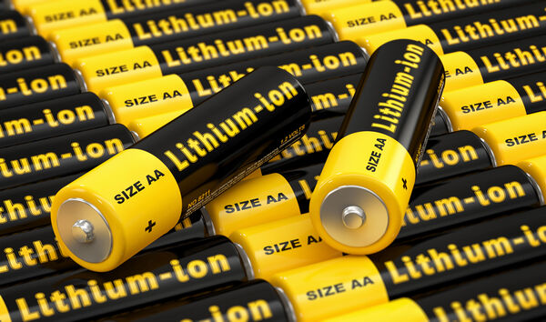 AA-Lithium-Ionen-Batterien in Schwarz und Gelb mit der Aufschrift „Lithium-Ion"