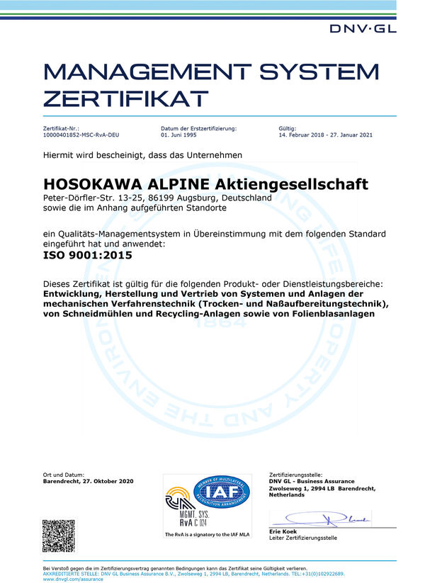 Hosokawa Alpine ISO 9001 Zertifikat